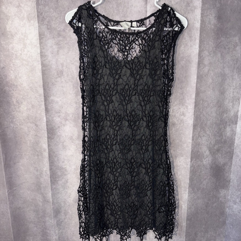 Anthropologie HD in Paris Size 4 Gray‎ Tank Black Crochet Lace Overlay Dress